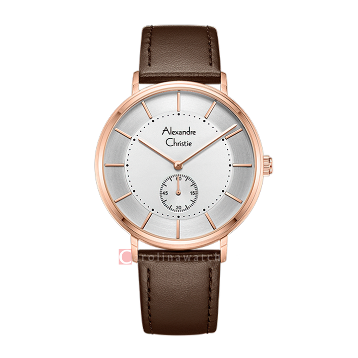 Jam Tangan Alexandre Christie Classic AC 8493 MSLRGSL Men Silver Dial Brown Leather Strap