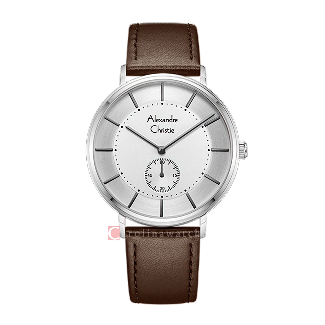 Jam Tangan Alexandre Christie Classic AC 8493 MSLSSSL Men Silver Dial Brown Leather Strap