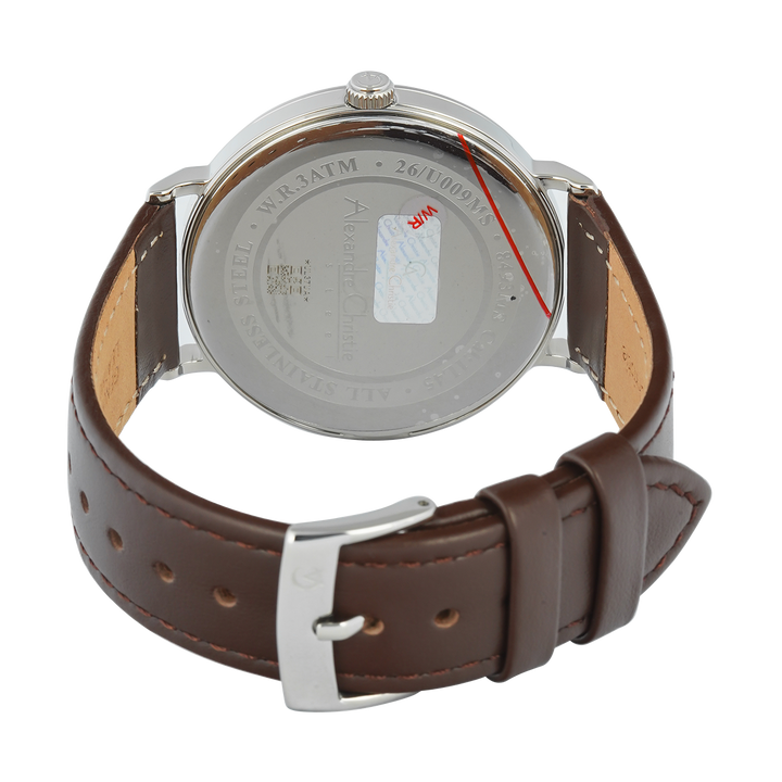 Jam Tangan Alexandre Christie Classic AC 8493 MSLSSSL Men Silver Dial Brown Leather Strap