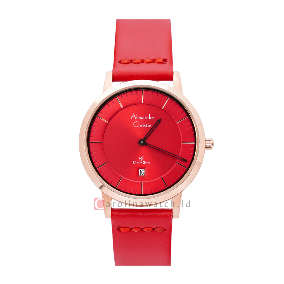 Jam Tangan Alexandre Christie Classic Steel AC 8639 LDLRGRE Women Red Dial Red Leather Strap