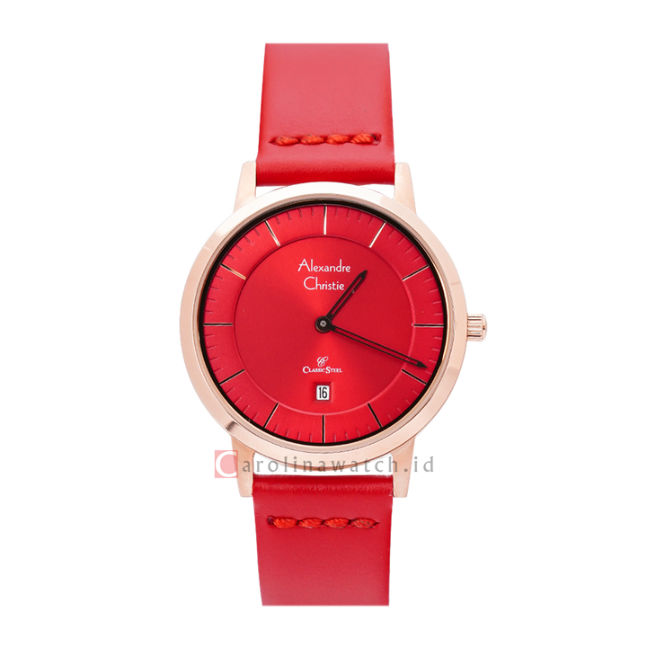 Jam Tangan Alexandre Christie Classic Steel AC 8639 LDLRGRE Women Red Dial Red Leather Strap