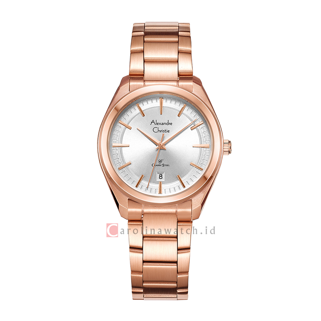 Jam Tangan Alexandre Christie Classic Steel AC 8654 LDBRGSL Women Silver Dial Rose Gold Stainless Steel Strap