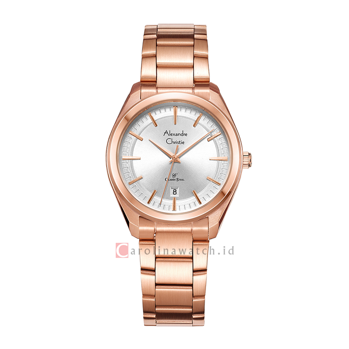 Jam Tangan Alexandre Christie Classic Steel AC 8654 LDBRGSL Women Silver Dial Rose Gold Stainless Steel Strap