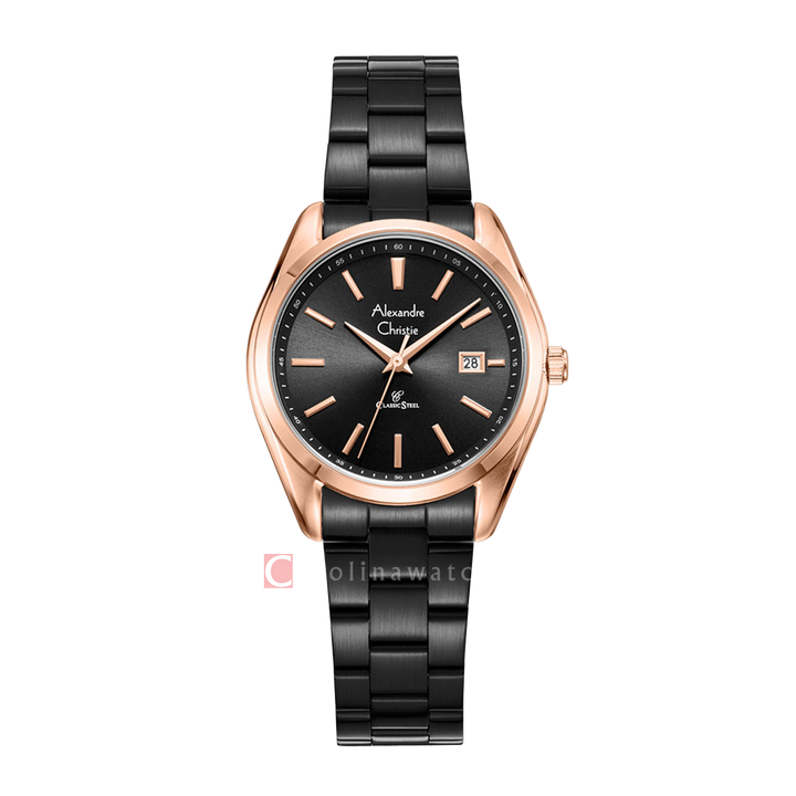 Jam Tangan Alexandre Christie AC 8656 LDBBRBA Women Black Dial Black Stainless Steel Strap