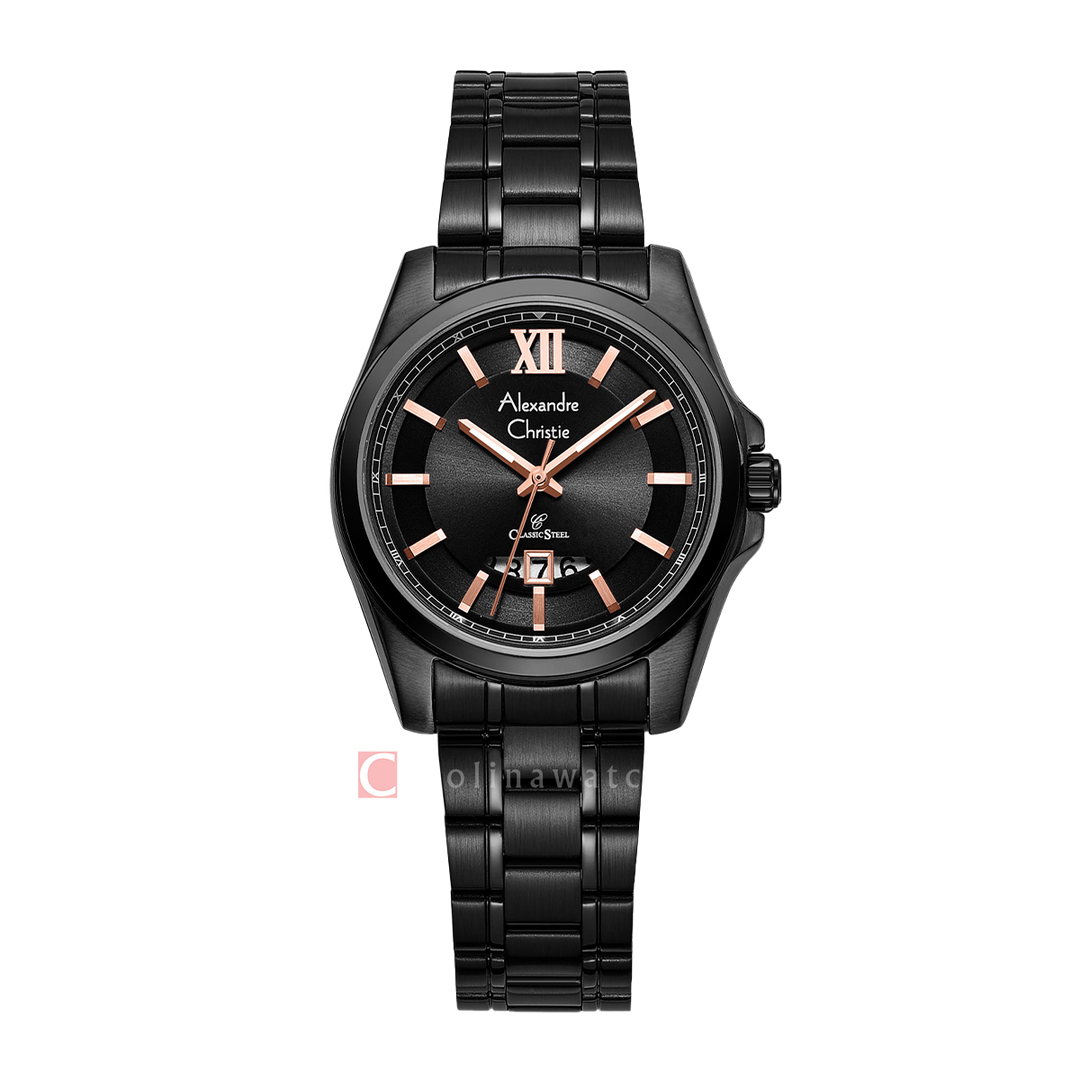 Jam Tangan Alexandre Christie Classic Steel AC 8659 LDBIPBARG Women Black Dial Black Stainless Steel Strap