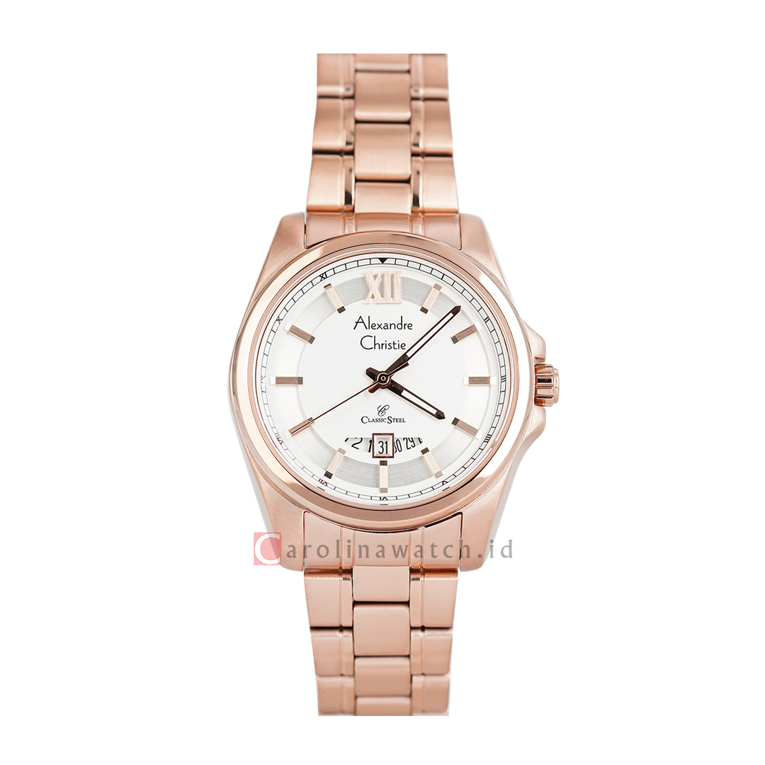 Jam Tangan Alexandre Christie Classic Steel AC 8659 LDBRGSL Women White Dial Rose Gold Stainless Steel Strap