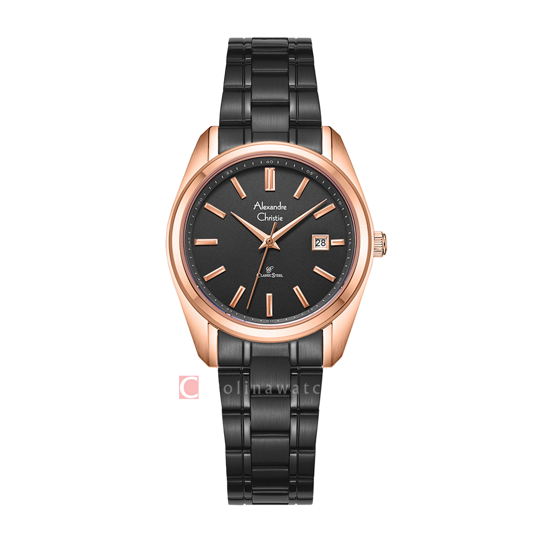 Jam Tangan Alexandre Christie AC 8660 LDBBRBA Women Black Dial Black Stainless Steel Strap