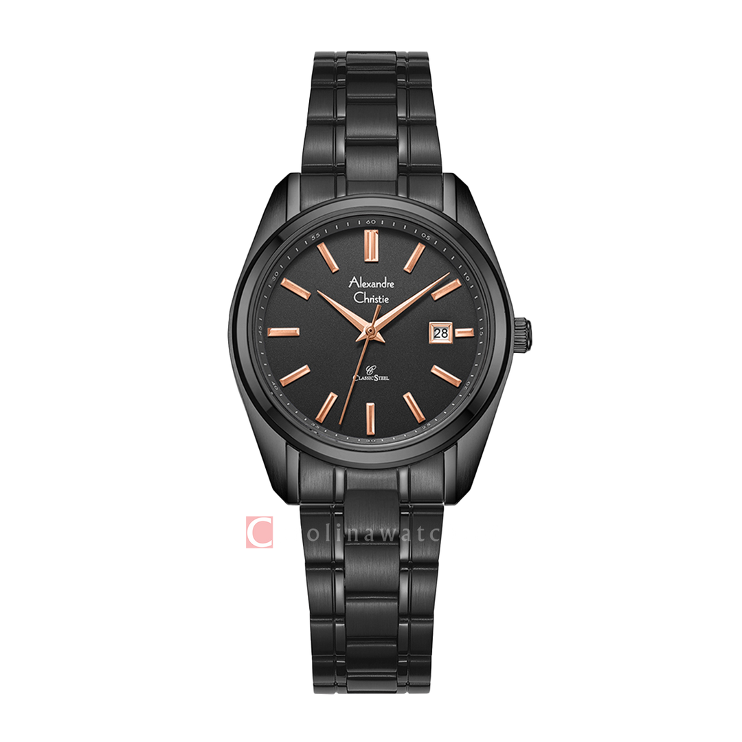 Jam Tangan Alexandre Christie AC 8660 LDBIPBARG Women Black Dial Black Stainless Steel Strap