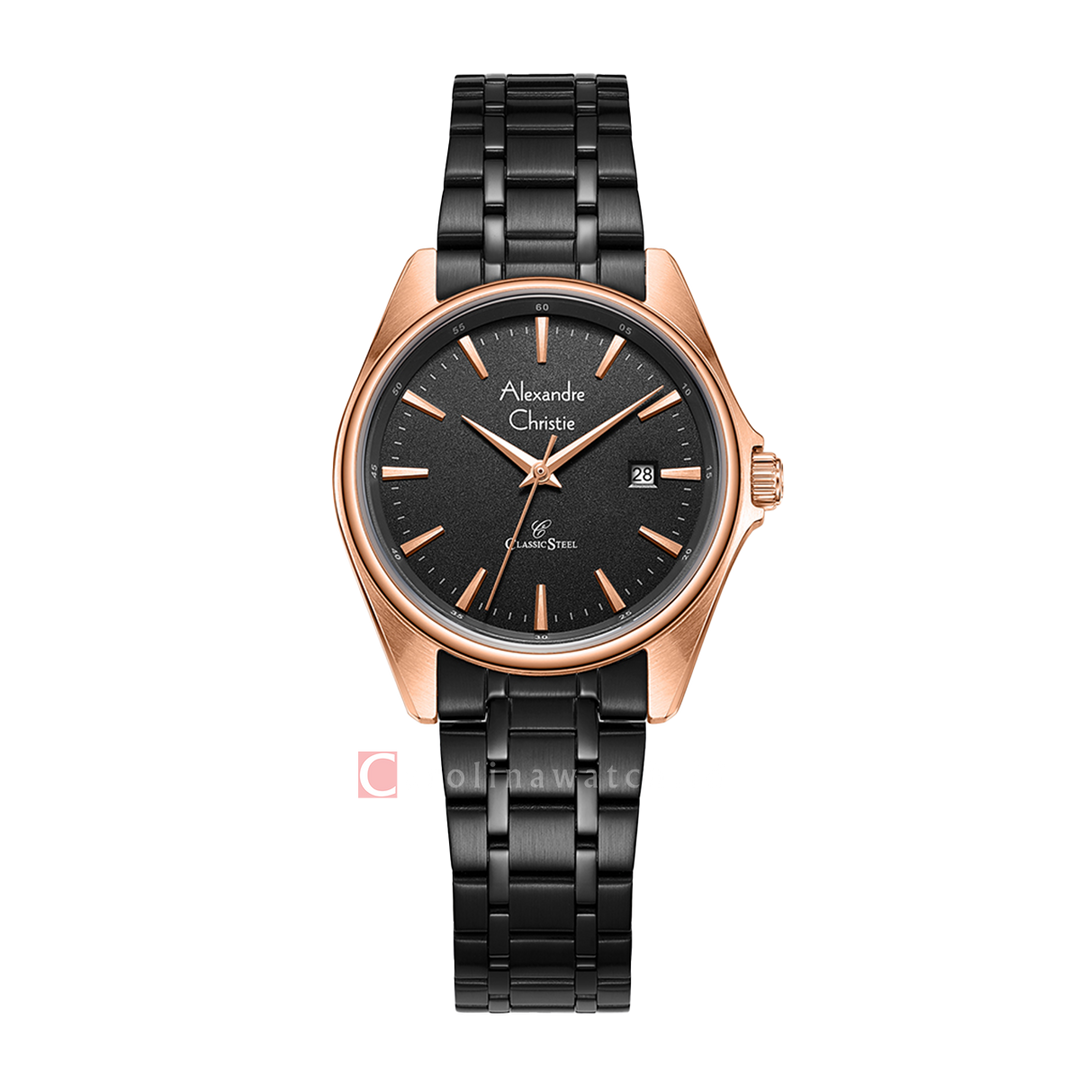 Jam Tangan Alexandre Christie AC 8661 LDBBRBA Women Black Dial Black Stainless Steel Strap