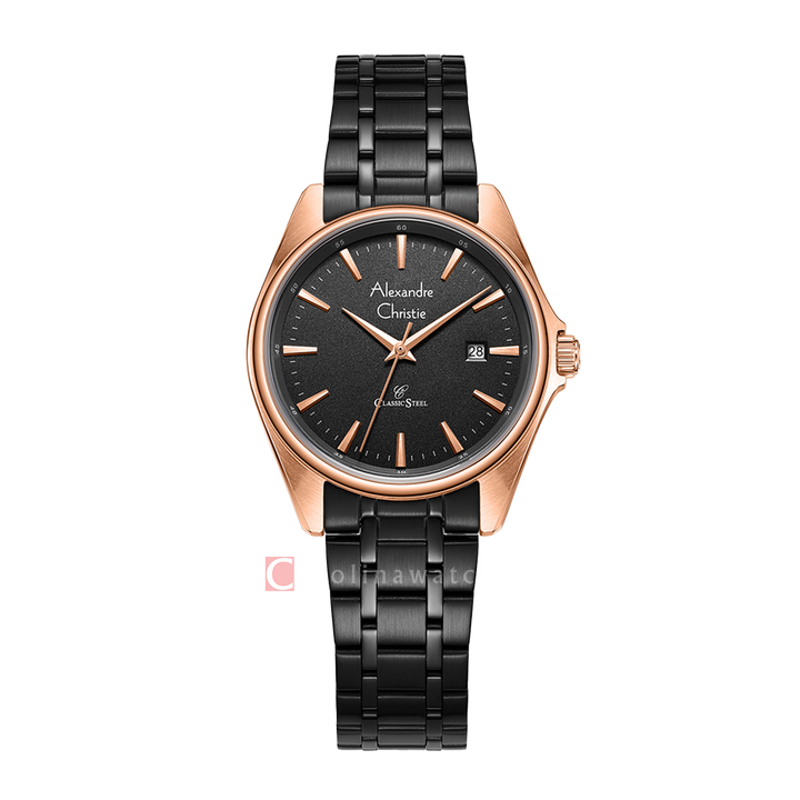 Jam Tangan Alexandre Christie AC 8661 LDBBRBA Women Black Dial Black Stainless Steel Strap