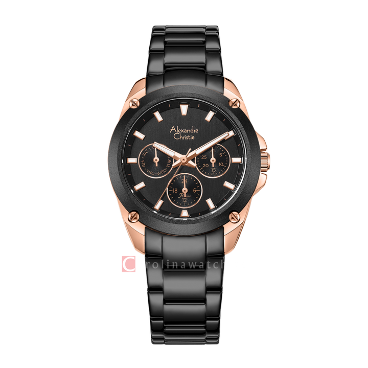 Jam Tangan Alexandre Christie AC 8667 BFBBRBA Women Black Dial Black Stainless Steel Strap