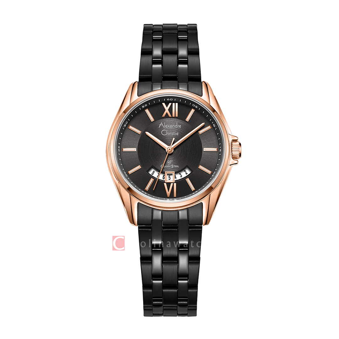 Jam Tangan Alexandre Christie Classic Steel AC 8673 LDBBRBA Women Black Dial Black Stainless Steel Strap