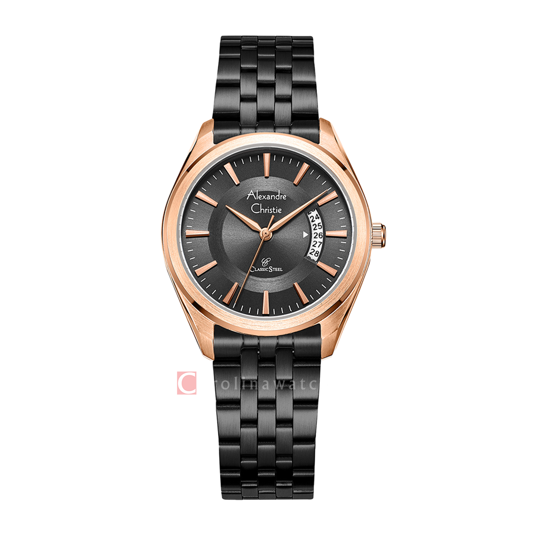 Jam Tangan Alexandre Christie Classic Steel AC 8674 LDBBRBA Women Black Dial Black Stainless Steel Strap