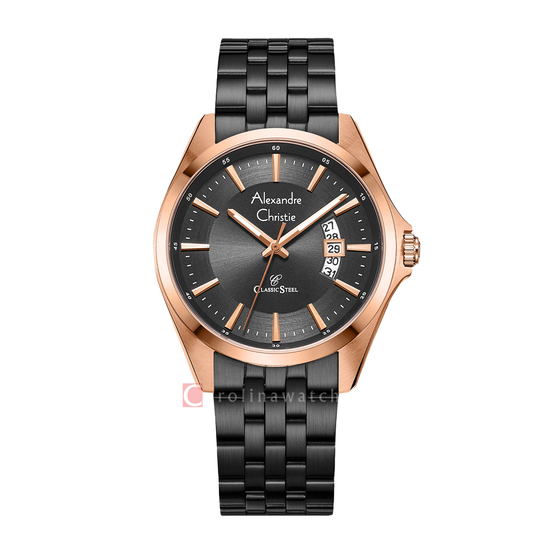 Jam Tangan Alexandre Christie Classic Steel AC 8677 MDBBRBA Men Black Dial Black Stainless Steel Strap