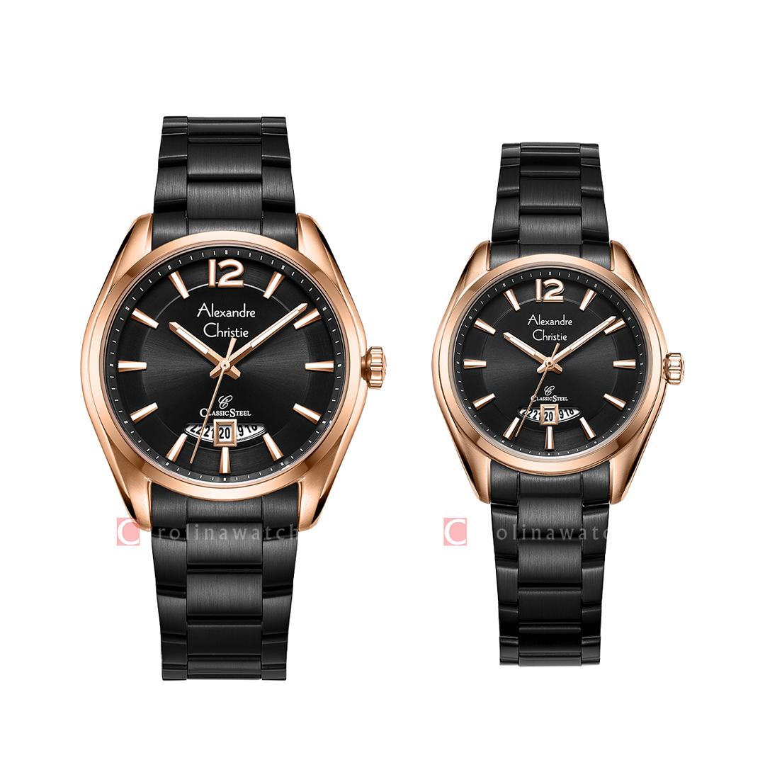 Jam Tangan Couple Alexandre Christie Classic Steel AC 8679 M/LDBBRBA Black Dial Black Stainless Steel Strap