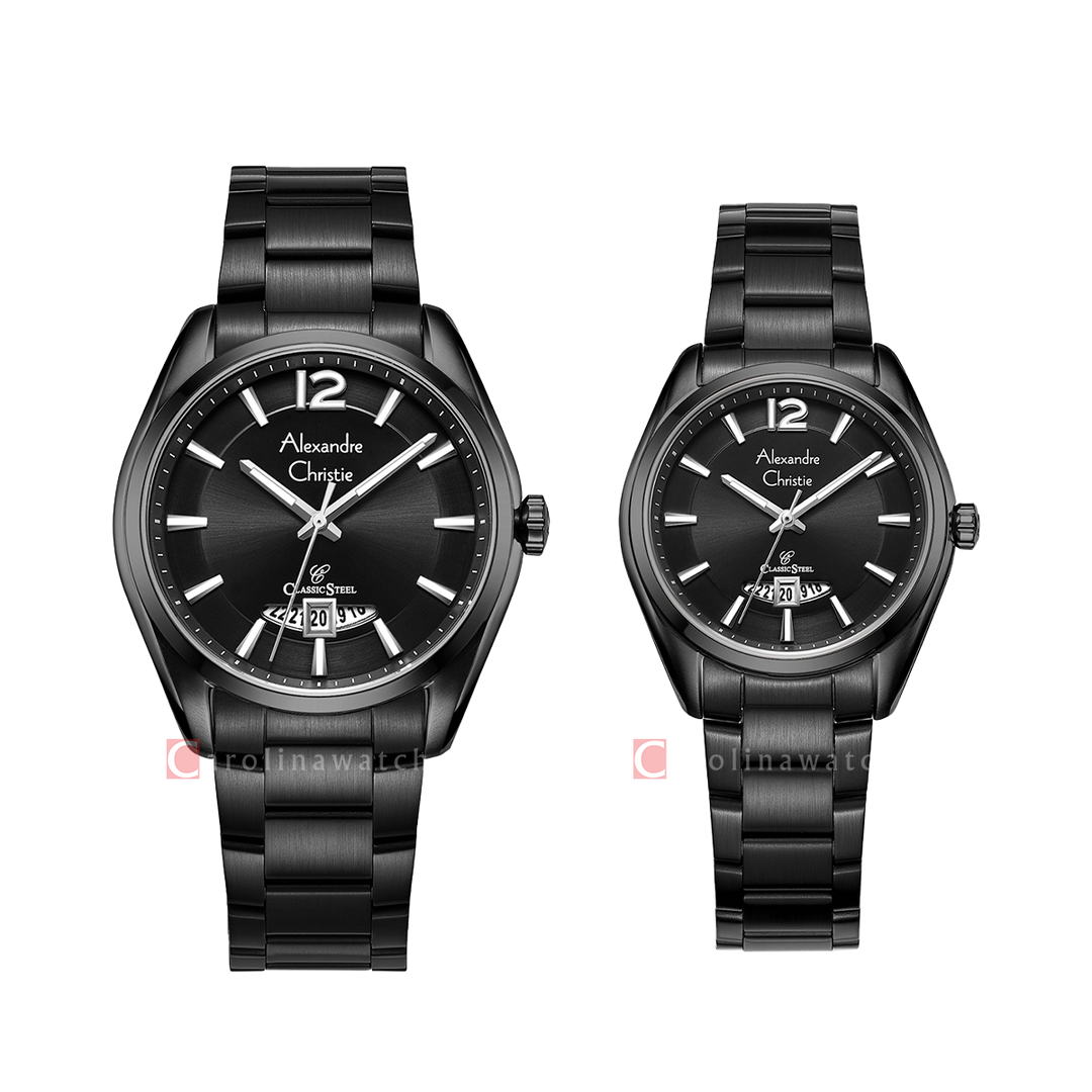 Jam Tangan Couple Alexandre Christie Classic Steel AC 8679 M/LDBIPBA Black Dial Black Stainless Steel Strap