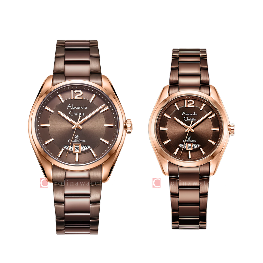 Jam Tangan Couple Alexandre Christie Classic Steel AC 8679 M/LDBROBO Brown Dial Brown Stainless Steel Strap