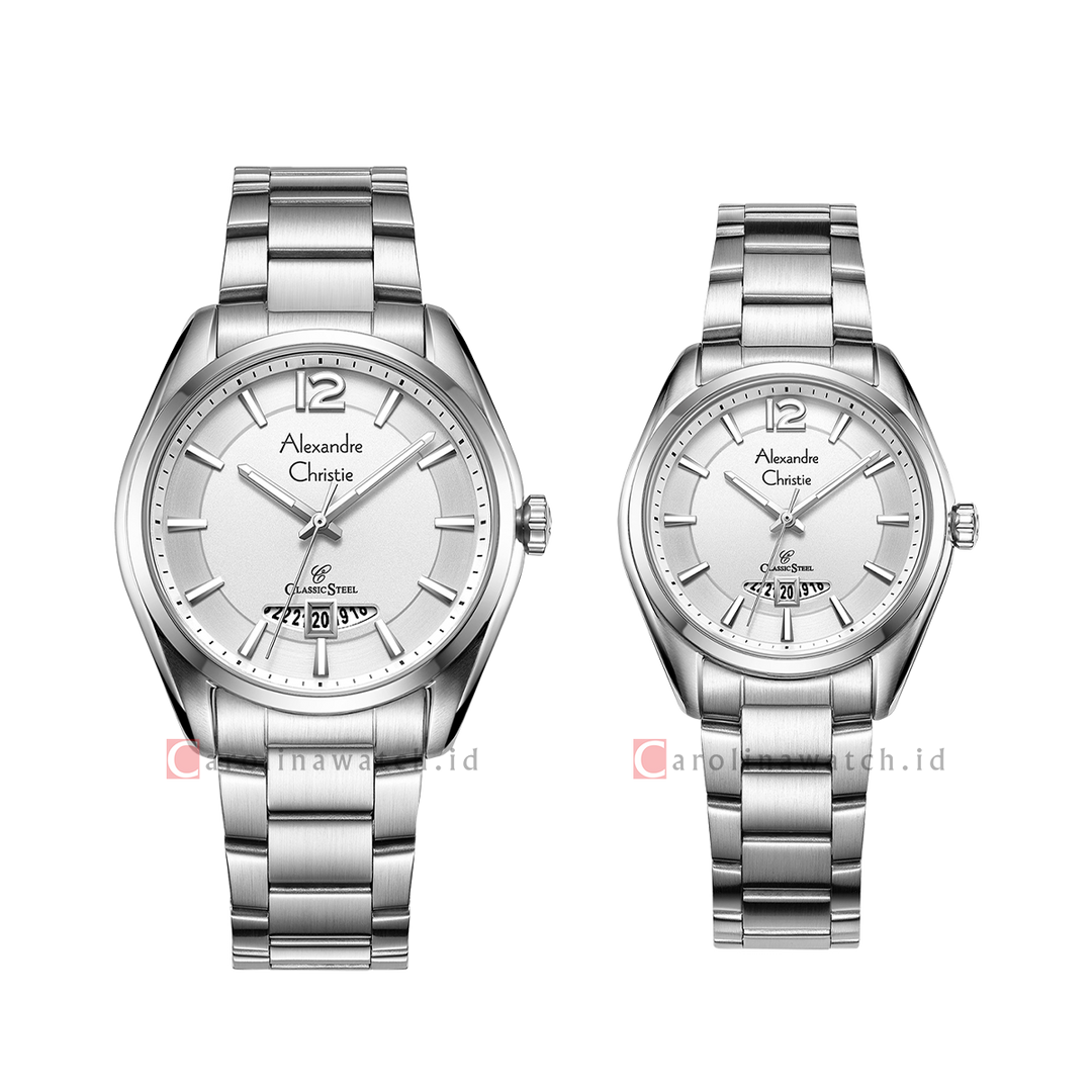 Jam Tangan Couple Alexandre Christie Classic Steel AC 8679 M/LDBSSSL Silver Dial Stainless Steel Strap