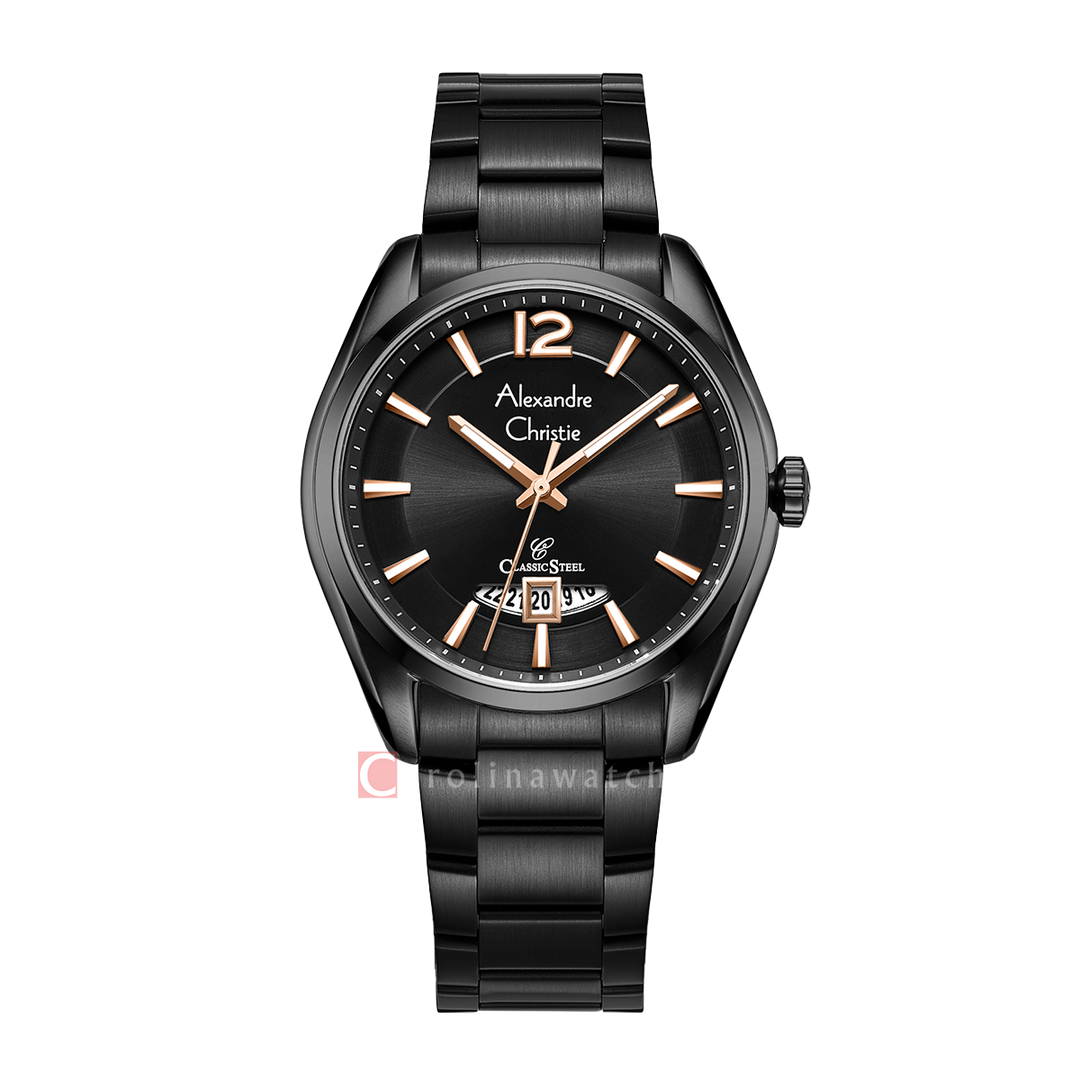 Jam Tangan Alexandre Christie Classic Steel AC 8679 MDBIPBARG Men Black Dial Black Stainless Steel Strap