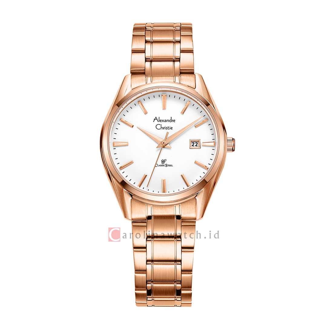 Jam Tangan Alexandre Christie Classic Steel AC 8681 LDBRGSL Women White Dial Rose Gold Stainless Steel Strap