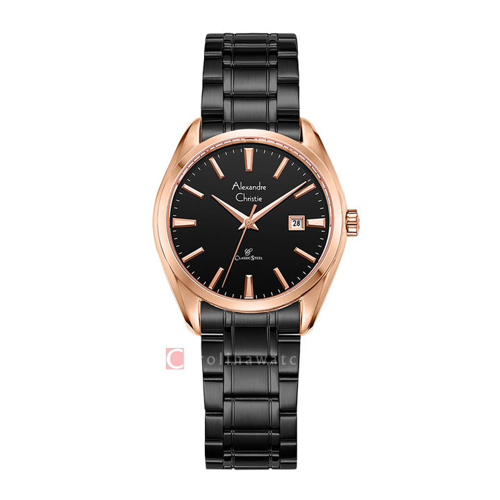 Jam Tangan Alexandre Christie AC 8682 LDBBRBA Women Black Dial Black Stainless Steel Strap