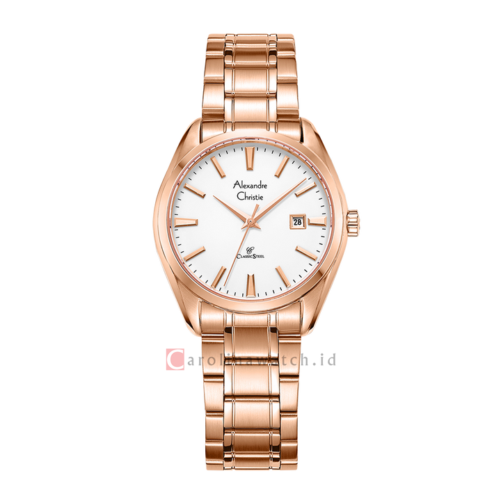 Jam Tangan Alexandre Christie AC 8682 LDBRGSL Women White Dial Rose Gold Stainless Steel Strap