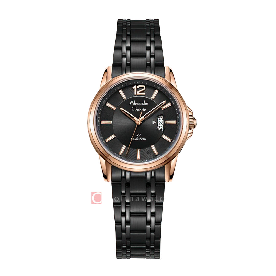 Jam Tangan Alexandre Christie Classic Steel AC 8683 LDBBRBA Women Black Dial Black Stainless Steel Strap