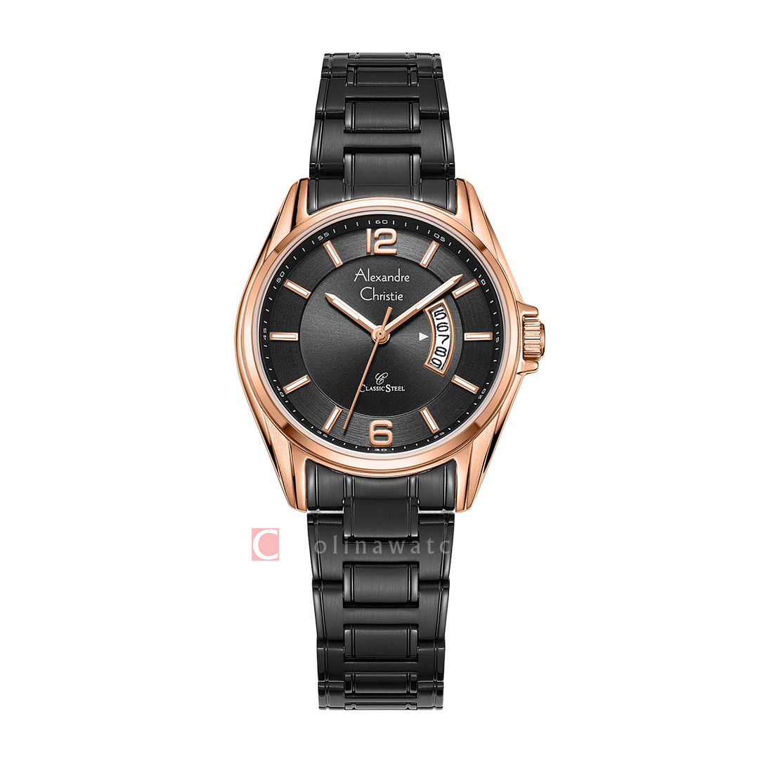 Jam Tangan Alexandre Christie Classic Steel AC 8684 LDBBRBA Women Black Dial Black Stainless Steel Strap