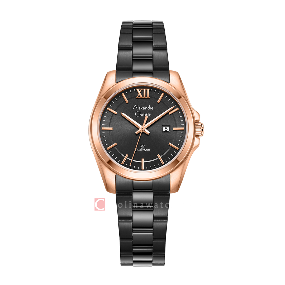 Jam Tangan Alexandre Christie Classic Steel AC 8685 LDBBRBA Women Black Dial Black Stainless Steel Strap