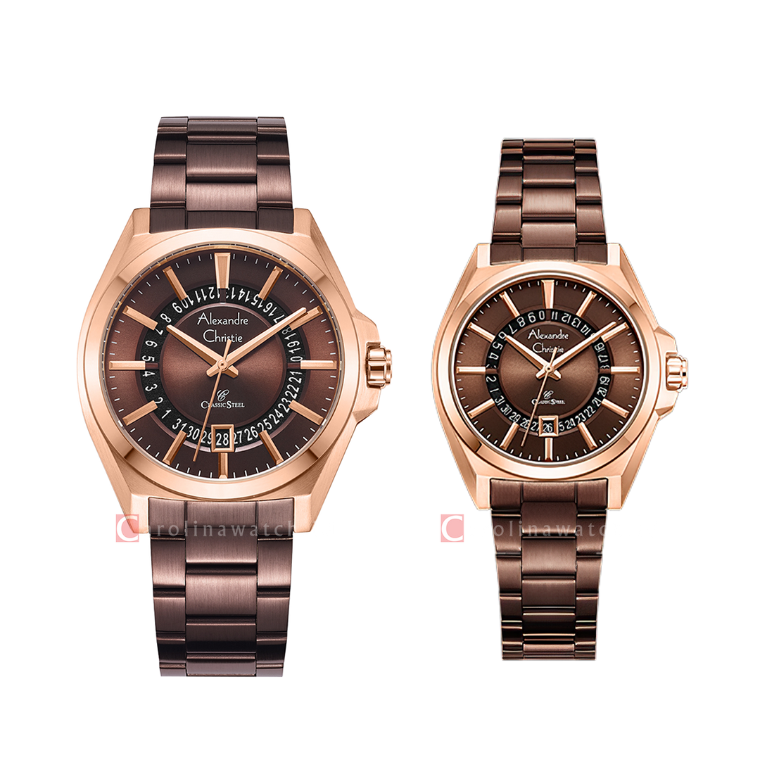 Jam Tangan Couple Alexandre Christie Classic Steel AC 8688 M/LDBROBO Brown Dial Brown Stainless Steel Strap