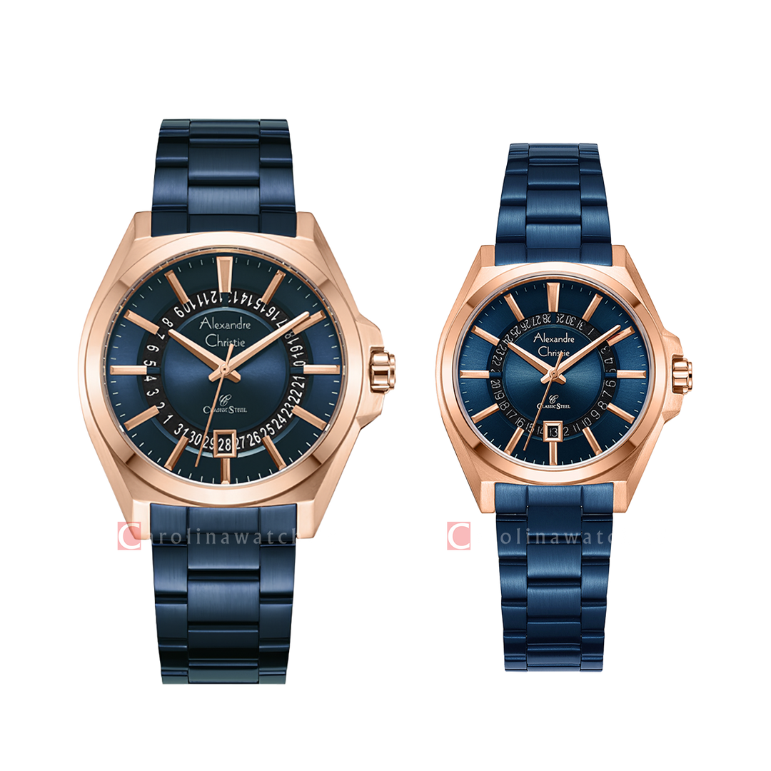 Jam Tangan Couple Alexandre Christie Classic Steel AC 8688 M/LDBURBU Blue Dial Blue Stainless Steel Strap