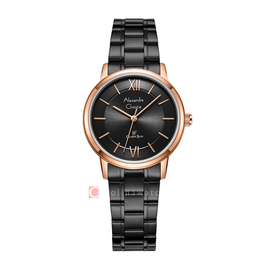 Jam Tangan Alexandre Christie Classic Slim AC 8689 LHBBRBA Women Black Dial Black Stainless Steel Strap