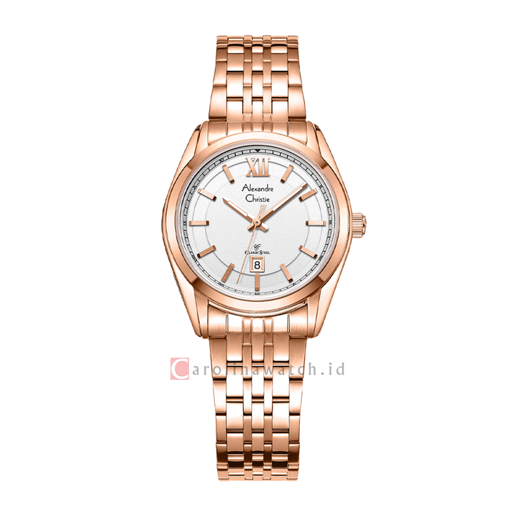 Jam Tangan Alexandre Christie Classic Steel AC 8690 LDBRGSL Women Silver Dial Rose Gold Stainless Steel Strap