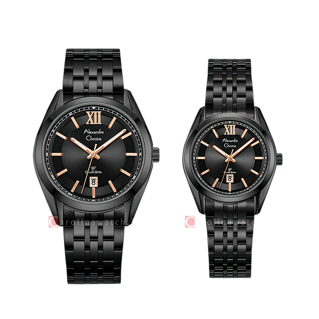 Jam Tangan Couple Alexandre Christie AC 8690 M/LDBIPBARG Black Dial Black Stainless Steel Strap