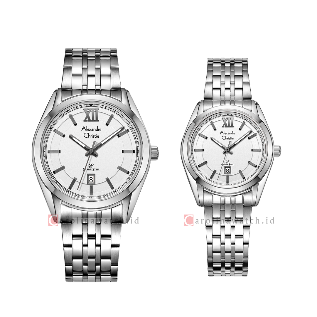Jam Tangan Couple Alexandre Christie AC 8690 M/LDBSSSL Silver White Dial Stainless Steel Strap