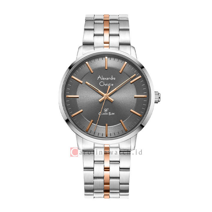 Jam Tangan Alexandre Christie Classic Slim AC 8692 MHBTRDGRG Men Grey Dial Dual Tone Stainless Steel Strap