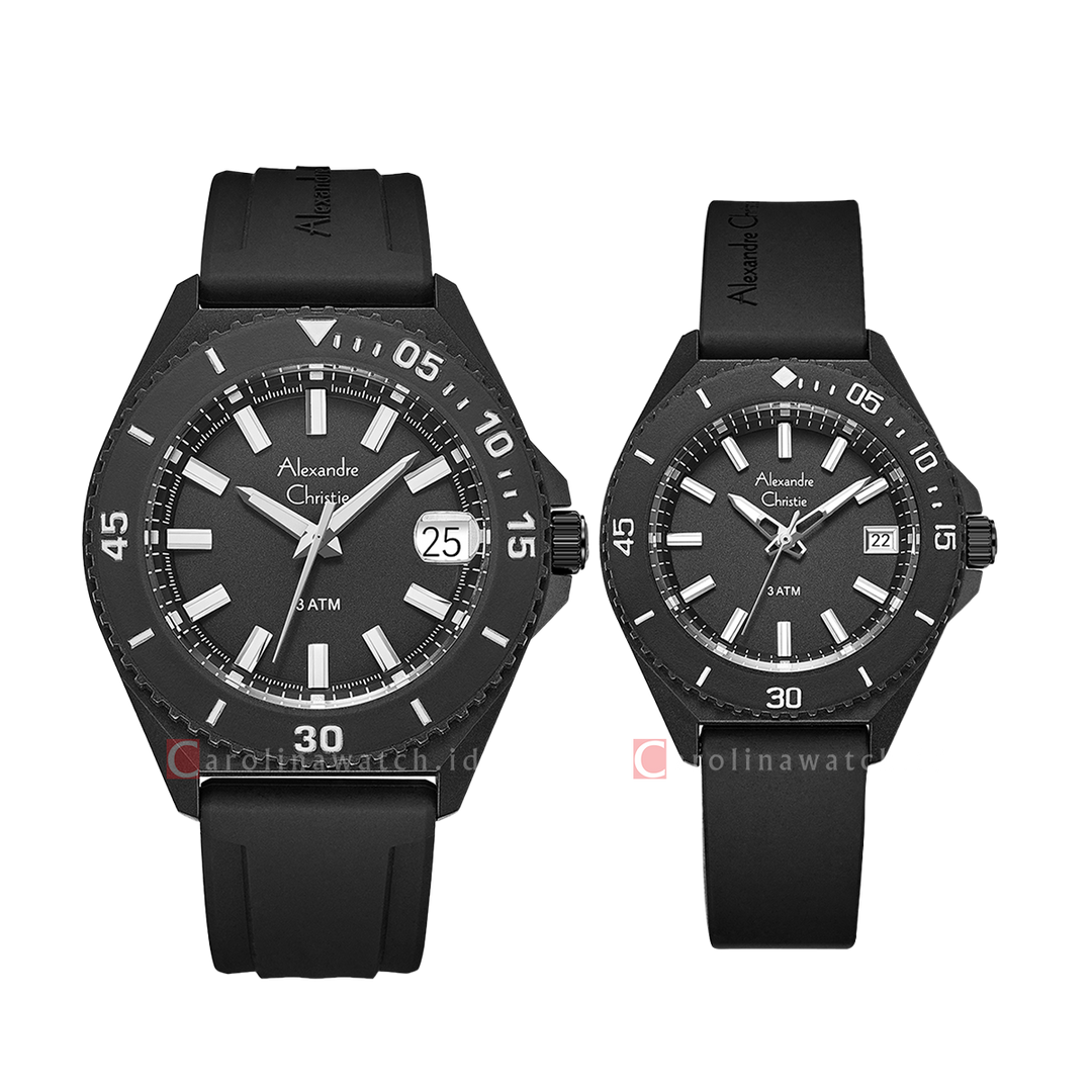 Jam Tangan Couple Alexandre Christie AC 8693 M/LDRIPBABA Black Dial Black Rubber Strap