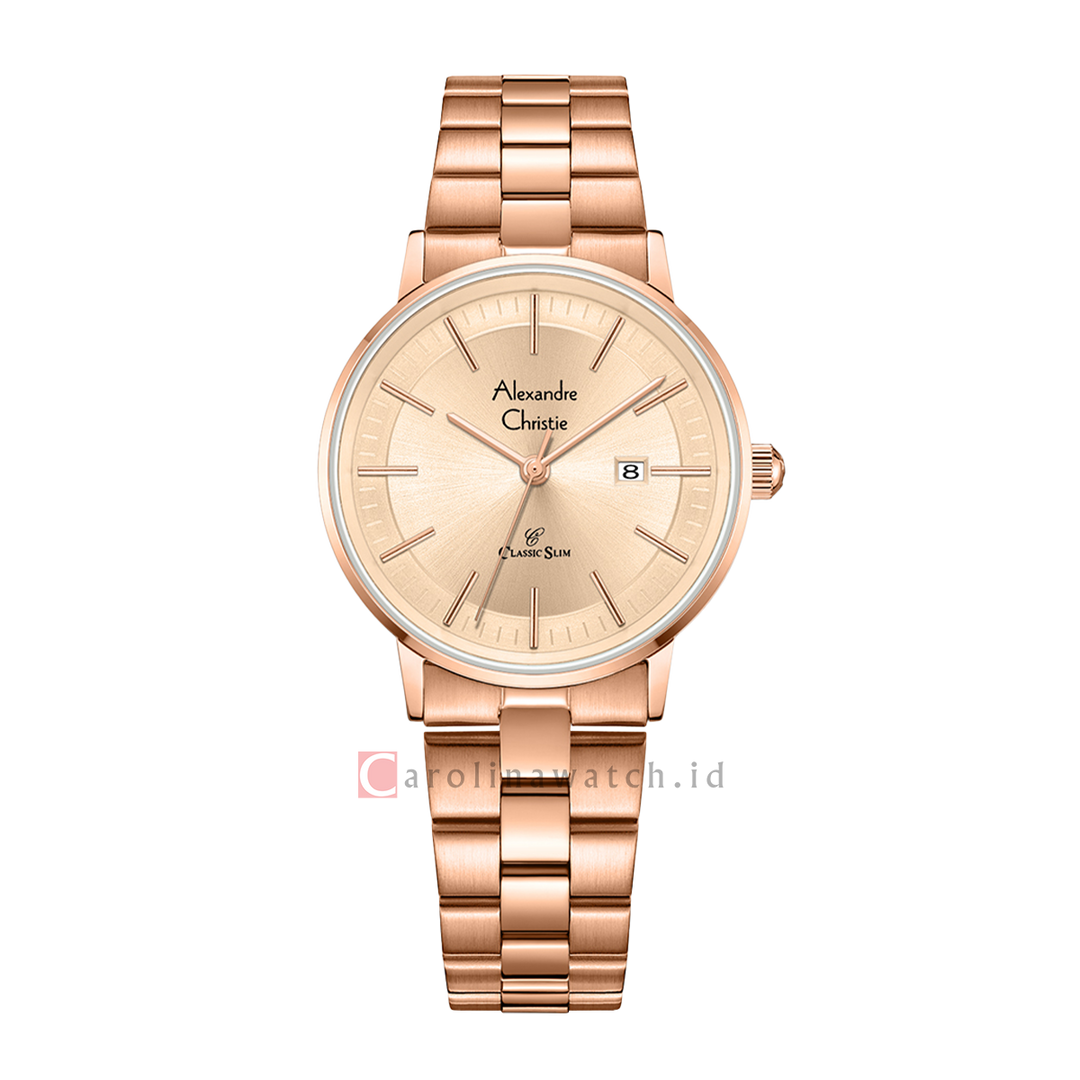 Jam Tangan Alexandre Christie Classic Slim AC 8694 LDBRGLN Women Gold Dial Rose Gold Stainless Steel Strap