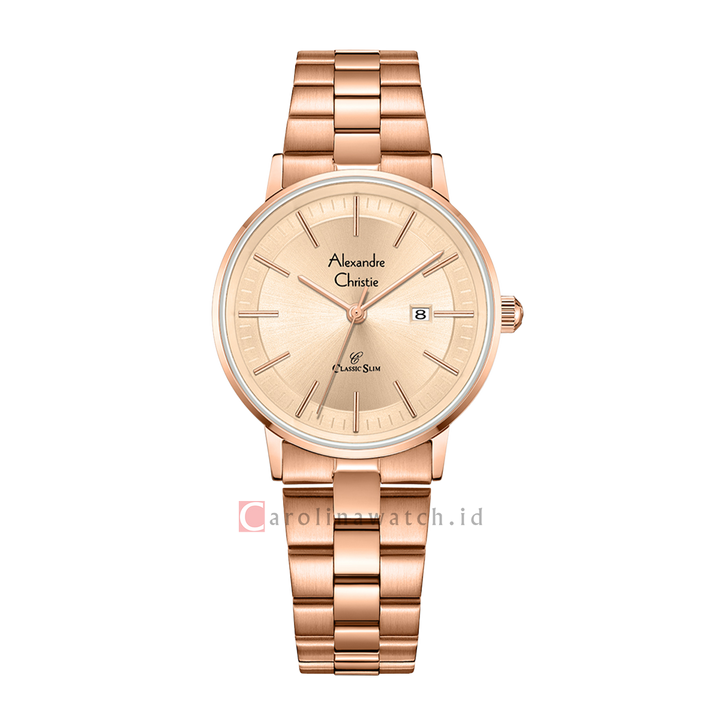 Jam Tangan Alexandre Christie Classic Slim AC 8694 LDBRGLN Women Gold Dial Rose Gold Stainless Steel Strap