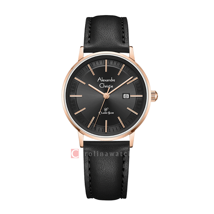 Jam Tangan Alexandre Christie Classic Slim AC 8694 LDLRGBA Women Black Dial Black Leather Strap