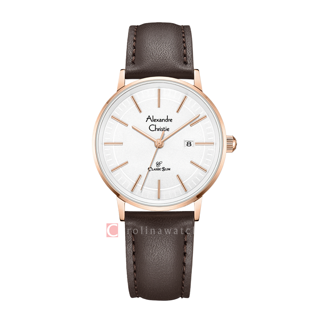 Jam Tangan Alexandre Christie Classic Slim AC 8694 LDLRGSL Women Silver Dial Brown Leather Strap