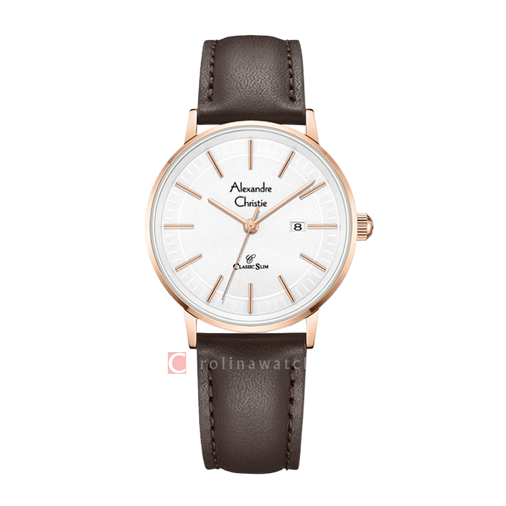 Jam Tangan Alexandre Christie Classic Slim AC 8694 LDLRGSL Women Silver Dial Brown Leather Strap