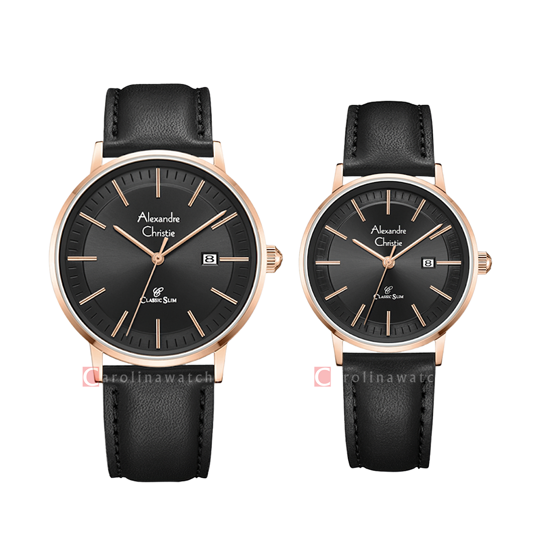 Jam Tangan Couple Alexandre Christie Classic Steel AC 8694 M/LDLRGBA Black Dial Black Leather Strap