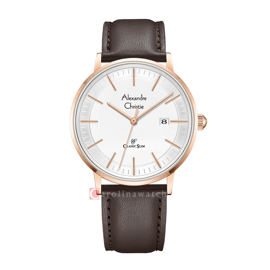 Jam Tangan Alexandre Christie Classic Slim AC 8694 MDLRGSL Men Silver Dial Brown Leather Strap