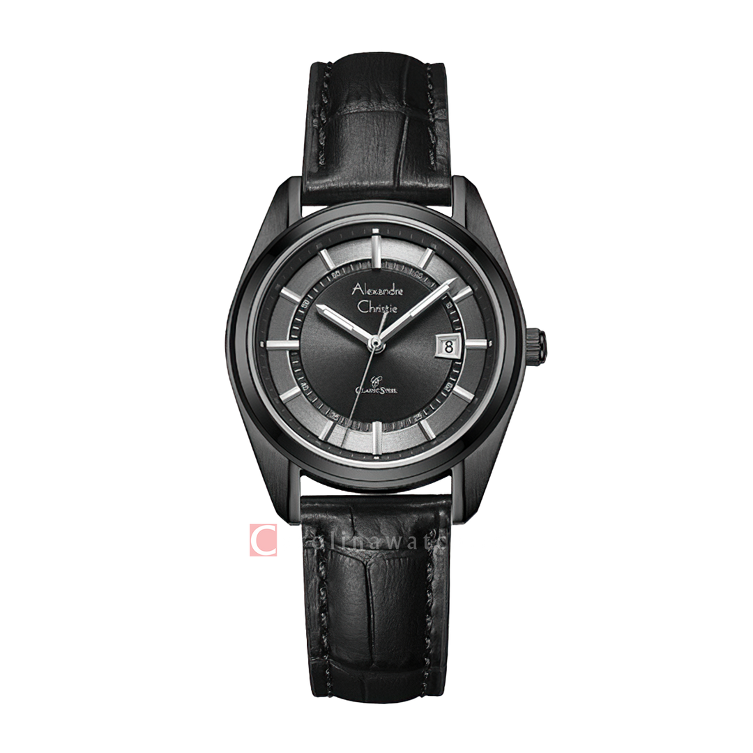 Jam Tangan Alexandre Christie Classic Steel AC 8695 LDLIPDG Women Black Dial Black Leather Strap