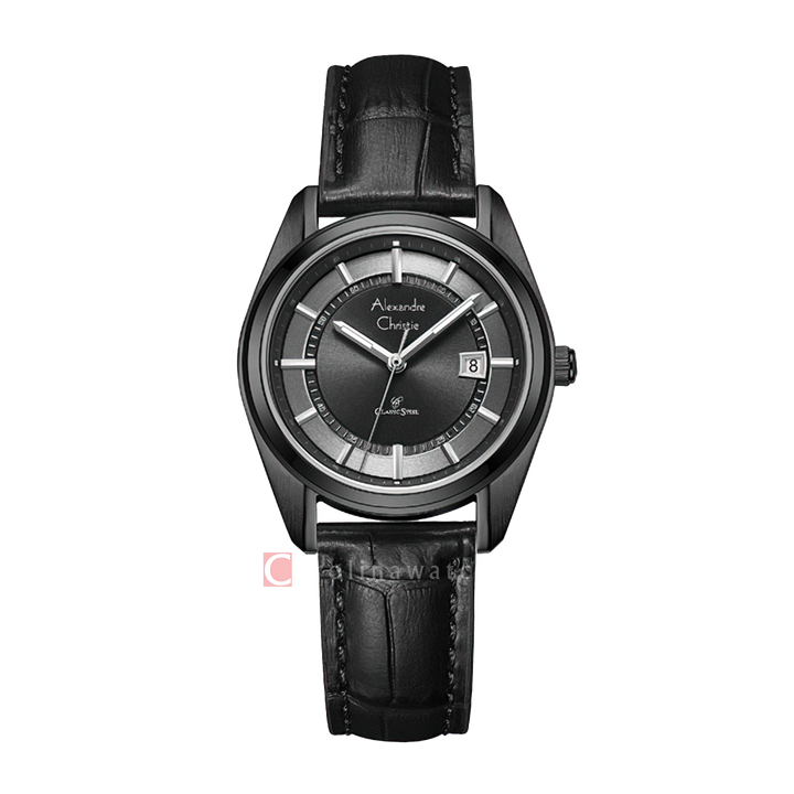 Jam Tangan Alexandre Christie Classic Steel AC 8695 LDLIPDG Women Black Dial Black Leather Strap