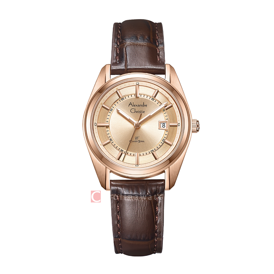 Jam Tangan Alexandre Christie Classic Steel AC 8695 LDLRGLN Women Gold Dial Brown Leather Strap