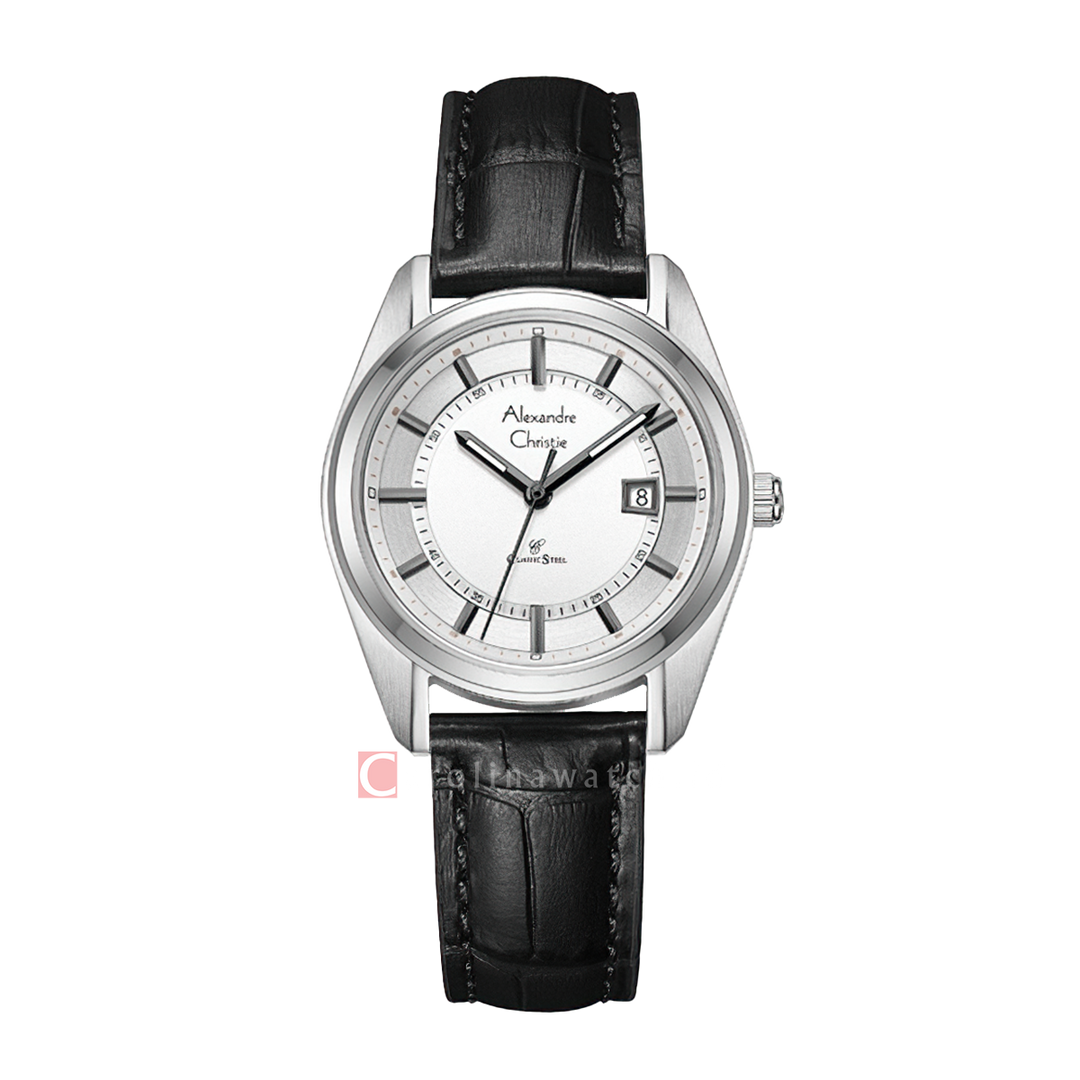 Jam Tangan Alexandre Christie Classic Steel AC 8695 LDLSSSL Women Silver Dial Black Leather Strap