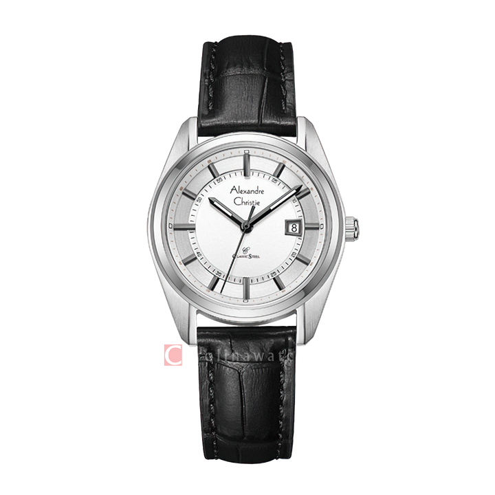 Jam Tangan Alexandre Christie Classic Steel AC 8695 LDLSSSL Women Silver Dial Black Leather Strap