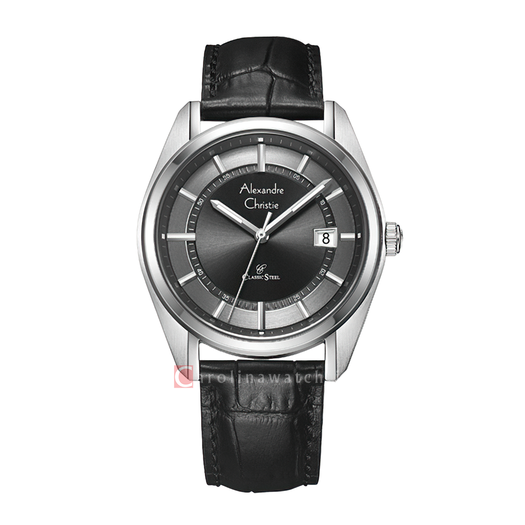 Jam Tangan Alexandre Christie Classic Steel AC 8695 MDLSSDG Men Dark Grey Dial Black Leather Strap